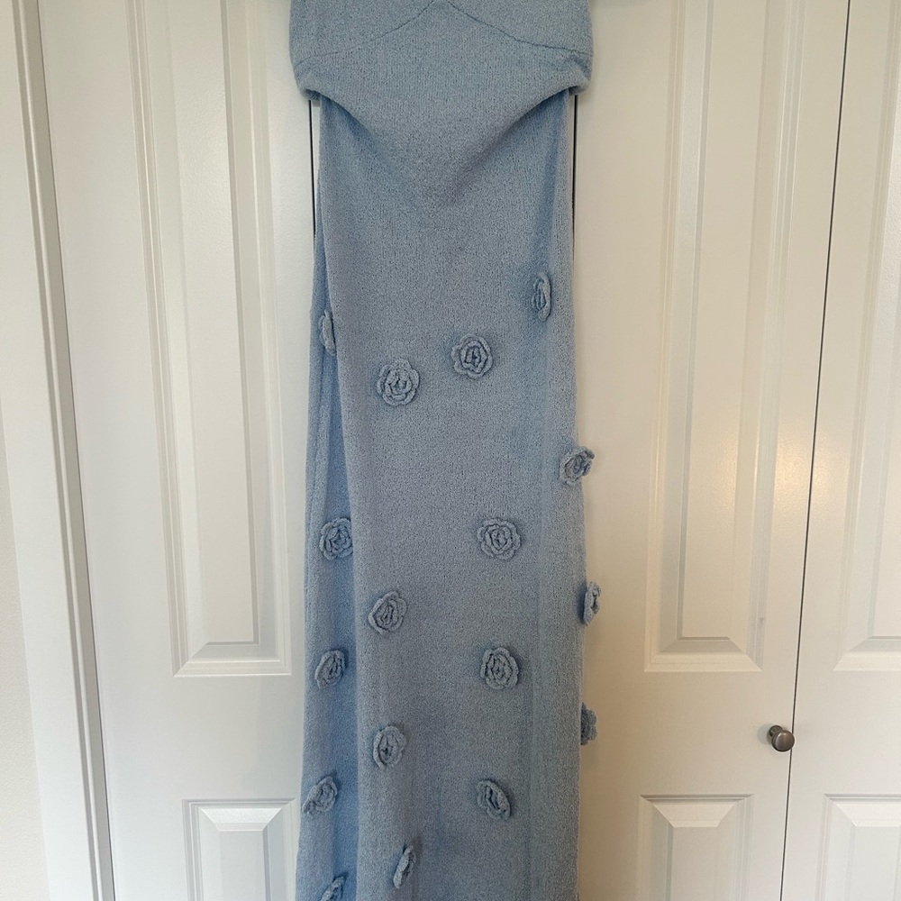 Brand New Meshki- Elegant Blue Gown with Floral Accents